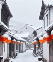 雪中古建筑街道挂红灯笼场景3322#横屏 