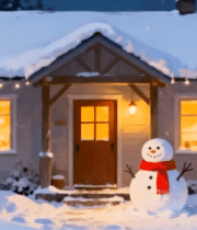 雪中小屋旁的圣诞树与雪人8289#横屏 