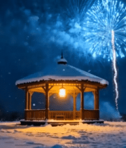 雪夜中亮灯的木质凉亭7090#横屏 