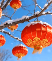 雪天树枝上的红色灯笼9048#横屏 