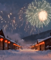 雪乡夜晚烟花与红灯笼场景9610#横屏 