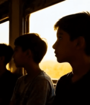 火车上少年望向窗外日落12589#横屏 