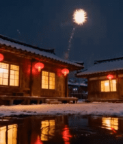 雪夜古建筑前绽放烟花场景6301#横屏 