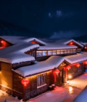 雪夜木屋前绽放的烟花场景4195#横屏 