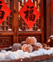 雪天中式窗棂福字灯笼静物13995#横屏 