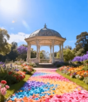 	 花园中彩色花瓣小径与凉亭景观14376#横屏 