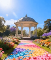 花园中彩色花瓣小径与凉亭景观14376#横屏 