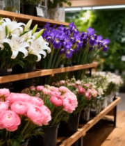 花店货架上的多彩鲜花890#横屏 