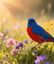 	 花丛中站立的彩色小鸟10397#横屏 