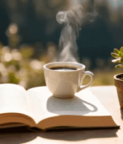 户外桌上翻开的书籍与热饮13010#横屏 