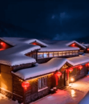 雪夜木屋旁绽放的烟花场景14546#横屏 