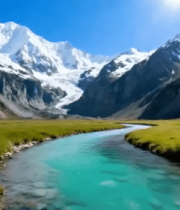 雪山下河流草地自然风光9485#横屏 