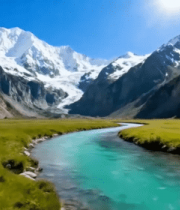 雪山下河流草地自然风光9485#横屏 