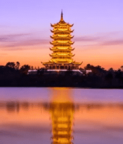 黄昏古塔湖面倒影景观12275#横屏 