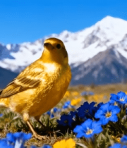 雪山下花丛中的黄色小鸟11159#横屏 
