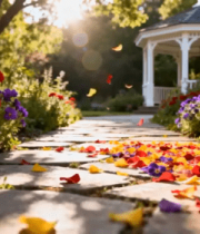 花园中铺满花瓣的石板路10771#横屏 