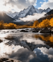 雪山森林间的溪流风光13469#横屏 