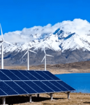 雪山湖泊旁的太阳能风能设施13853#横屏 