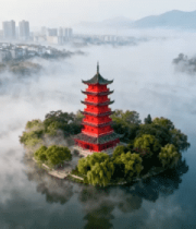 湖中小岛古建筑航拍素材11528#横屏 