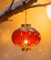 雪后树枝上悬挂的红灯笼11990#横屏 