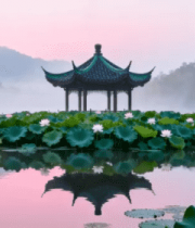 湖上凉亭荷花自然风光1344#横屏 