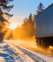 雪后森林公路行驶的大货车10656#横屏 