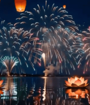 湖面烟花与孔明灯夜景8803#横屏 