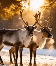 雪地中双只驯鹿与灯光美景12023#横屏 