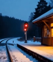 雪后黄昏中的林间火车站4321#横屏 