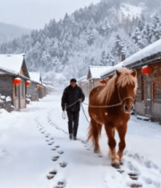 雪地中男子牵马走过木屋村落12768#横屏 