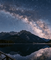 湖畔木栈道人物赏星空夜景3761#横屏 