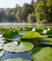 湖面漂浮带水珠的荷叶1077#横屏 