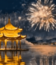 湖边古亭烟花夜景13496#横屏 