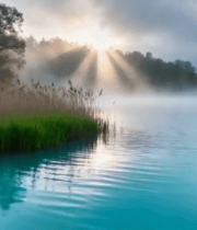 湖景晨雾阳光自然风光4951#横屏 