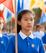 学生手持彩旗列队行进7426#横屏 