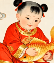 红衣女童抱金鱼传统画面9456#横屏 