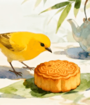 小鸟啄食月饼的水彩画素材3203#横屏 