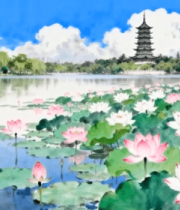 	 荷花湖景与远处宝塔风景809#横屏 