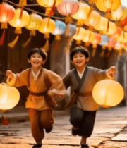 孩童持灯笼奔跑于古巷7554#横屏 