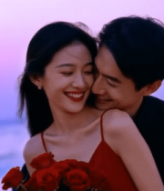 海边情侣夕阳下甜蜜互动10415#横屏 