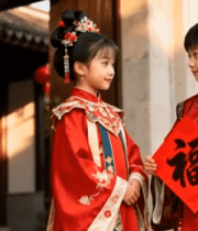 古装孩童手持福字对视画面6728#横屏 