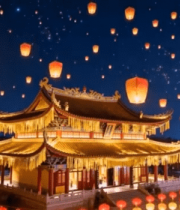 古建上空孔明灯放飞夜景8298#横屏 