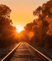 夕阳下铁轨与树林风景873#横屏 
