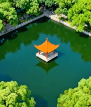 古建筑池塘绿树鸟瞰全景11118#横屏 