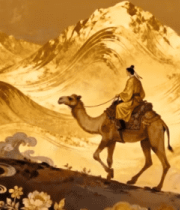 古风人物骑骆驼行于山水间12009#横屏 