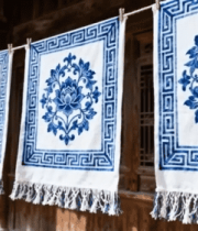 古建筑前晾晒的蓝白花纹织物3377#横屏 