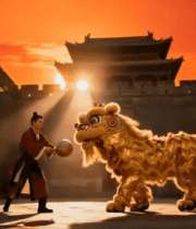 古建筑前舞狮表演画面3991#横屏 