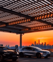 夕阳下停车场的新能源汽车12852#横屏 