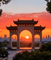 公园中式牌坊日落景象10956#横屏 