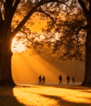 夕阳下树林中行人漫步场景13589#横屏 